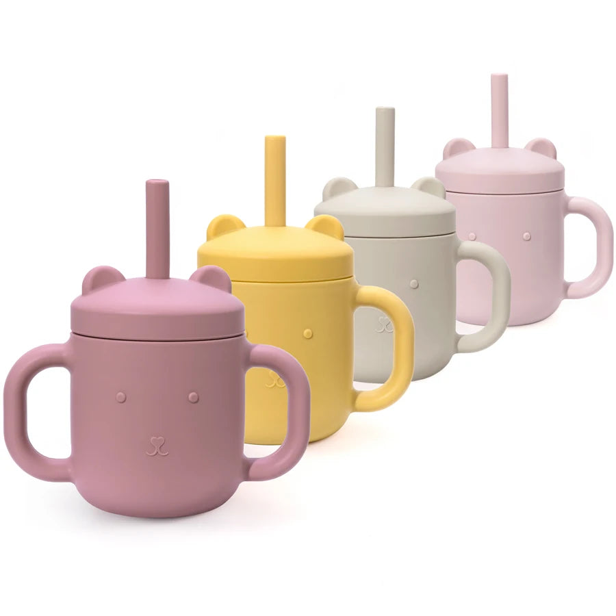 Cartoon Bear Baby Drinking Cup with Double Handles, Straw Feeding Cup, BPA-Free Soft Silicone Learn to Drink Cup, Newborn Accessories