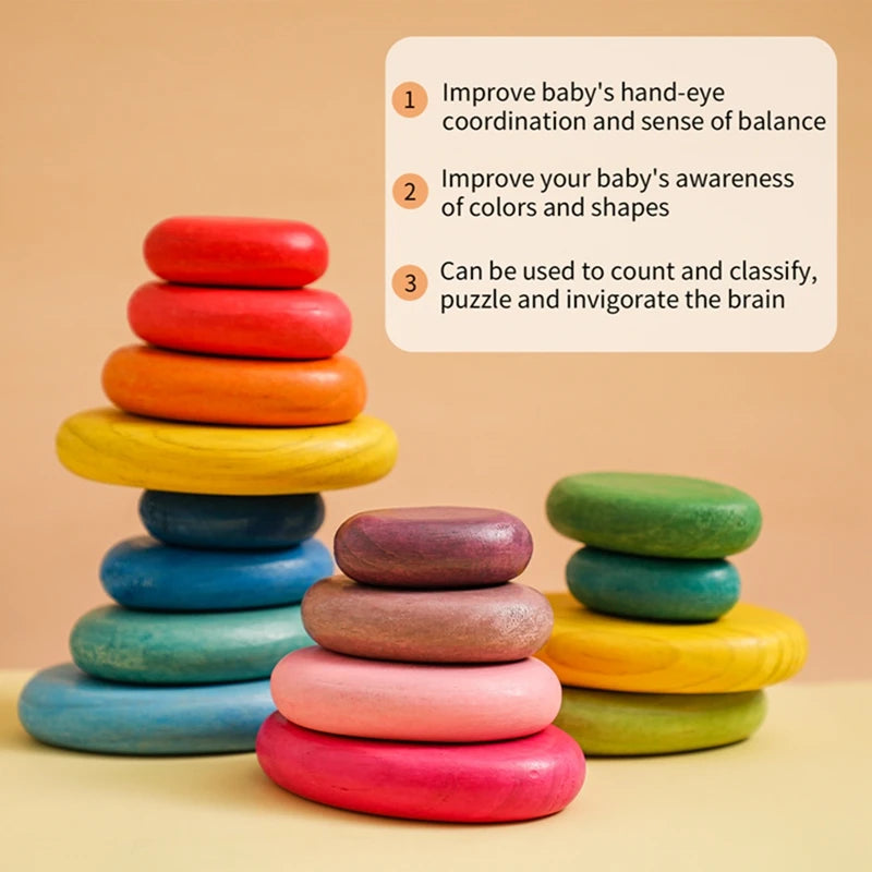 Baby Wooden Building Blocks – BPA-Free Montessori Rainbow Stacked Stone, Balanced Stacking Toy for Children, Educational Gift