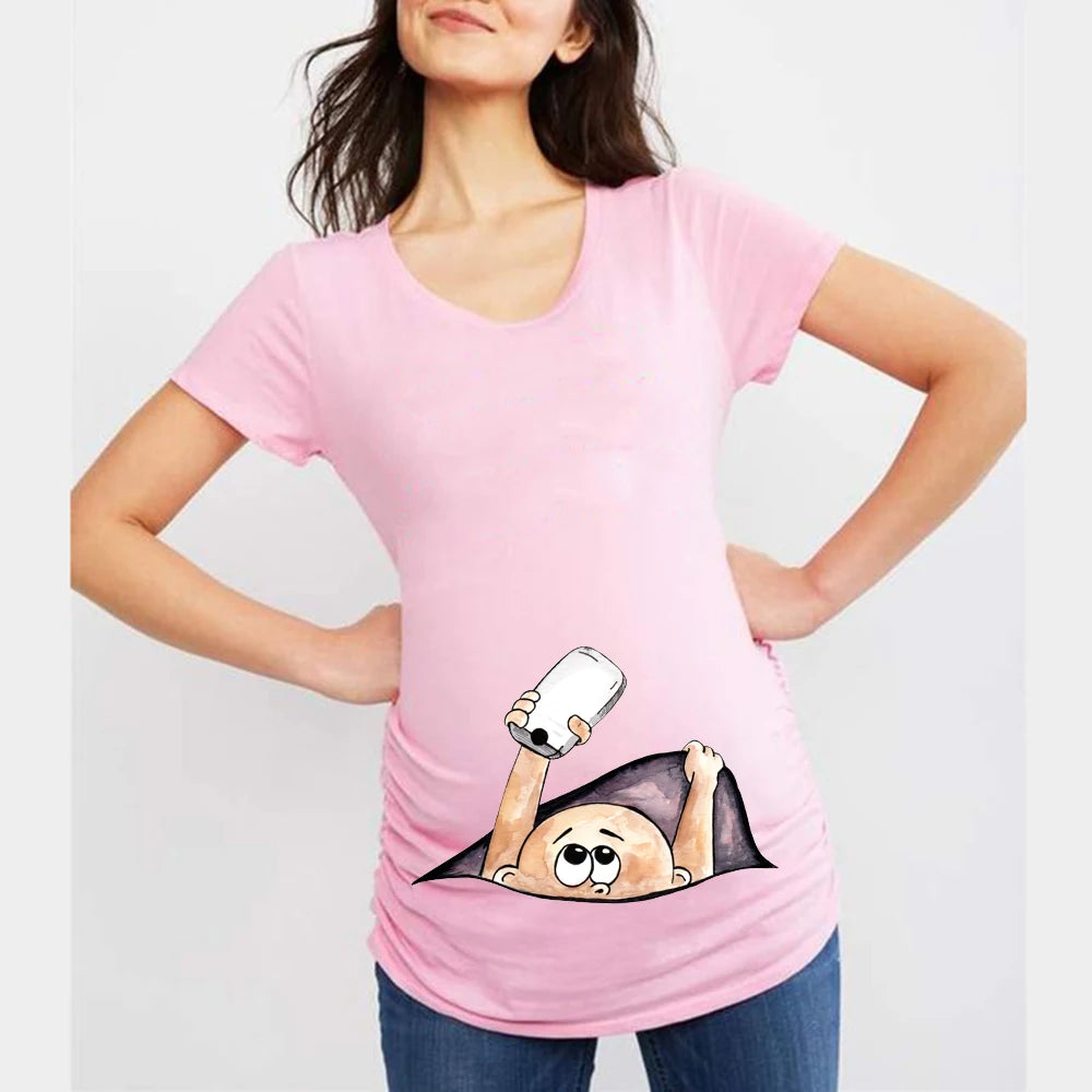 Summer Funny Cartoon Print Maternity T-Shirt | Pink Plus-Size Short Sleeve Tops | Pregnant Women Hot Sale T-Shirts