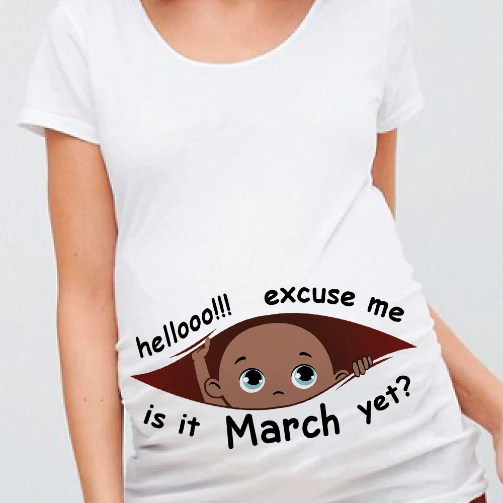 "Excuse Me, Is It January Yet?" 12 Months Summer Maternity Pregnancy T-Shirt | Black Baby Print Women Tee | Pregnant Clothes