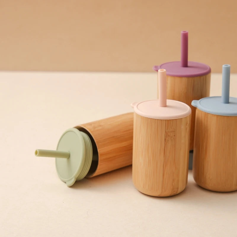 Let's Make 1pc Wooden Water Bottle for School Kids, Silicone Soft Straw Cup, Children's Learning Drinkware, Baby Feeding Bottle