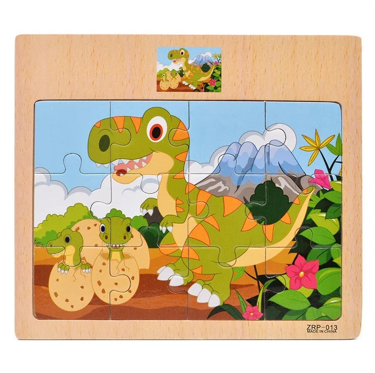 12 or 9 Pieces Wooden Puzzle Set for Kids – Cartoon Vehicle and Animal Educational Toys