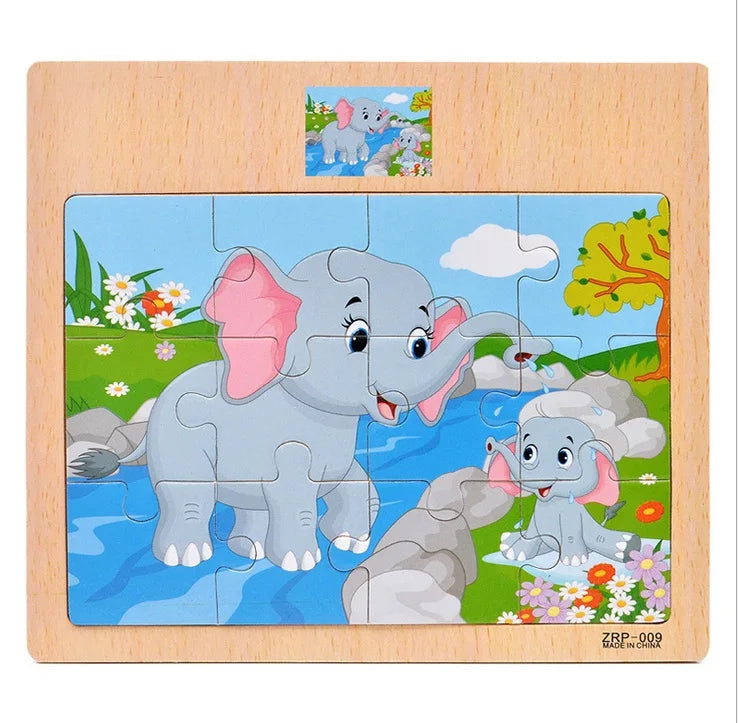 12 or 9 Pieces Wooden Puzzle Set – Cartoon Vehicle and Animal Educational Toys for Kids