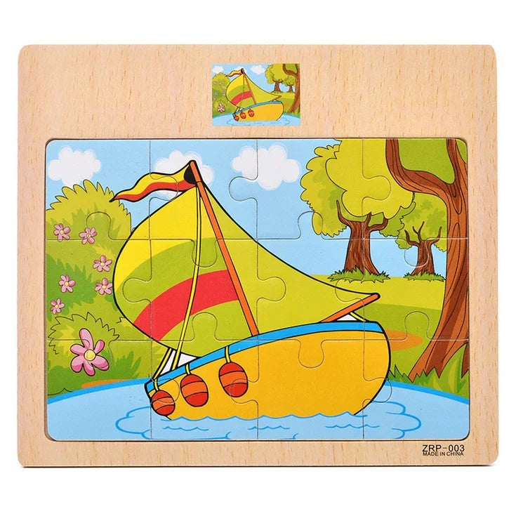 12 or 9 Pieces Wooden Puzzle Set – Cartoon Vehicle and Animal Educational Toys for Kids