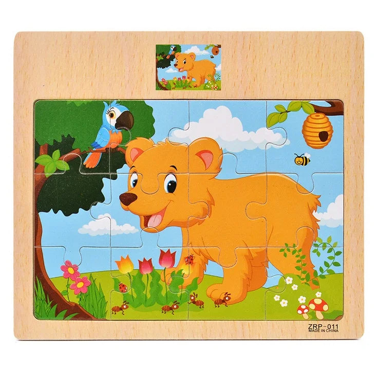 12 or 9 Pieces Wooden Puzzle Set for Kids – Cartoon Vehicle and Animal Educational Toys
