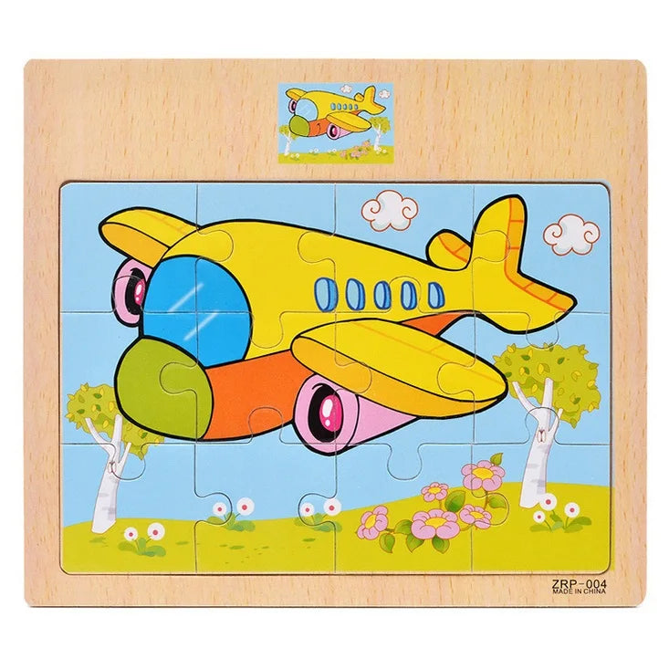12 or 9 Pieces Wooden Puzzle Set – Cartoon Vehicle and Animal Educational Toys for Kids