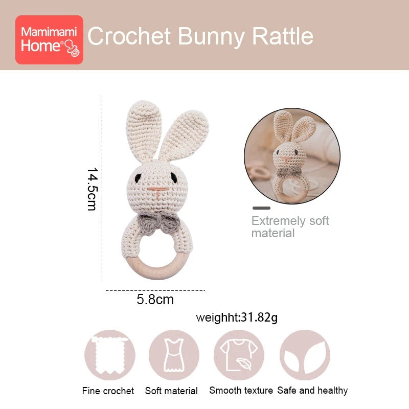1Pc Baby Teether Wooden Crochet Rattle Toy - BPA-Free Wood Rodent Rabbit Rattle, Baby Mobile Play Gym, Newborn Educational Toy Gift