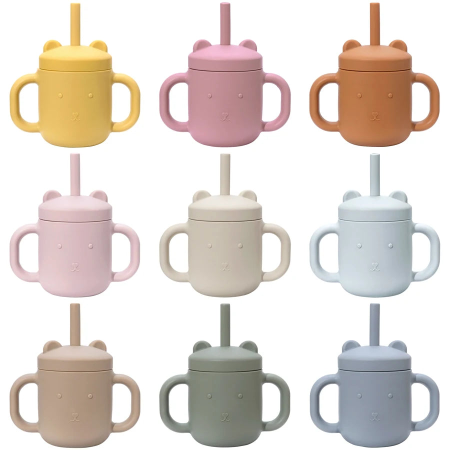 Cartoon Bear Baby Drinking Cup with Double Handles, Straw Feeding Cup, BPA-Free Soft Silicone Learn to Drink Cup, Newborn Accessories