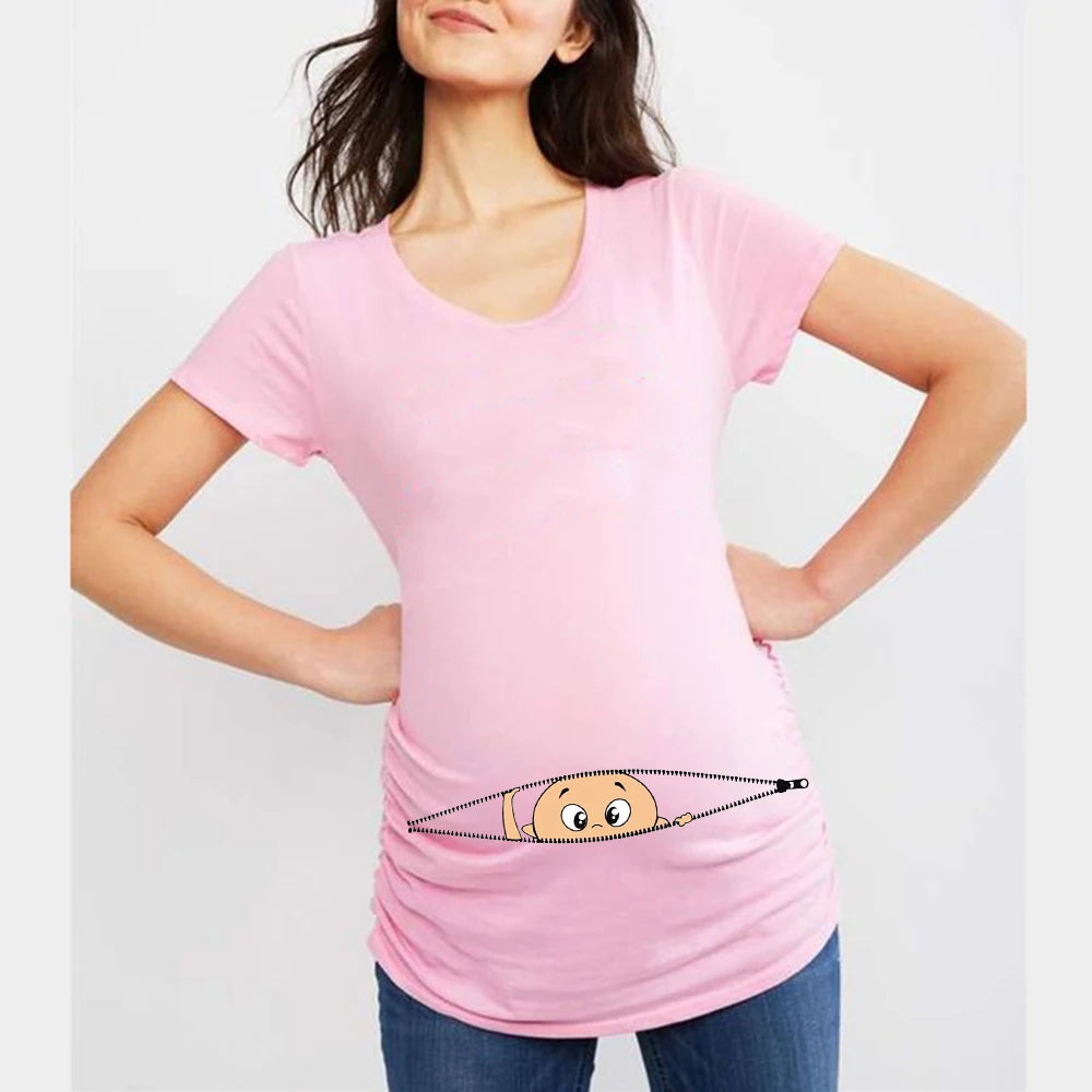 Summer Funny Cartoon Print Maternity T-Shirt | Pink Plus-Size Short Sleeve Tops | Pregnant Women Hot Sale T-Shirts