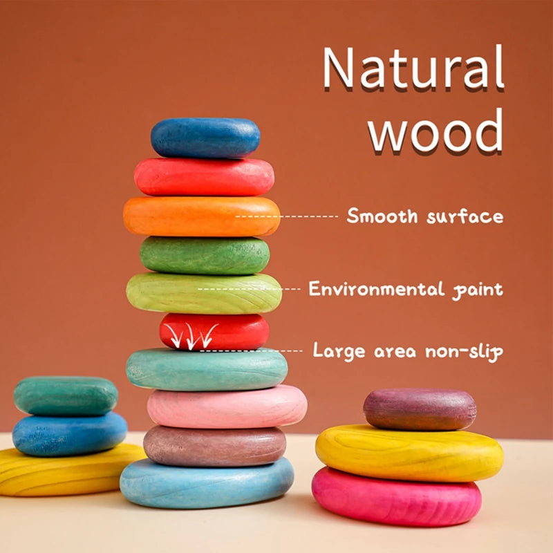 Baby Wooden Building Blocks – BPA-Free Montessori Rainbow Stacked Stone, Balanced Stacking Toy for Children, Educational Gift