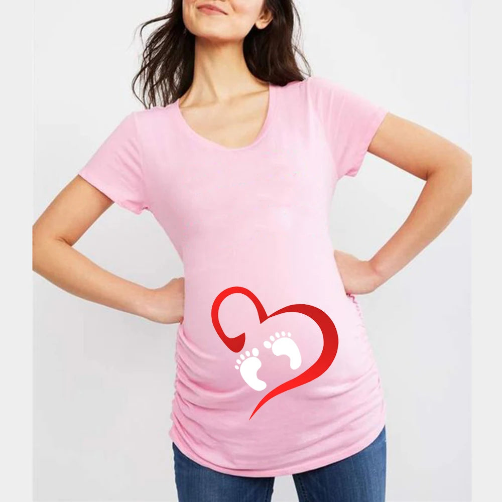 Summer Funny Cartoon Print Maternity T-Shirt | Pink Plus-Size Short Sleeve Tops | Pregnant Women Hot Sale T-Shirts