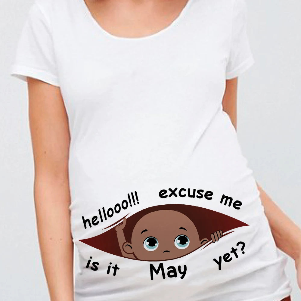 "Excuse Me, Is It January Yet?" 12 Months Summer Maternity Pregnancy T-Shirt | Black Baby Print Women Tee | Pregnant Clothes