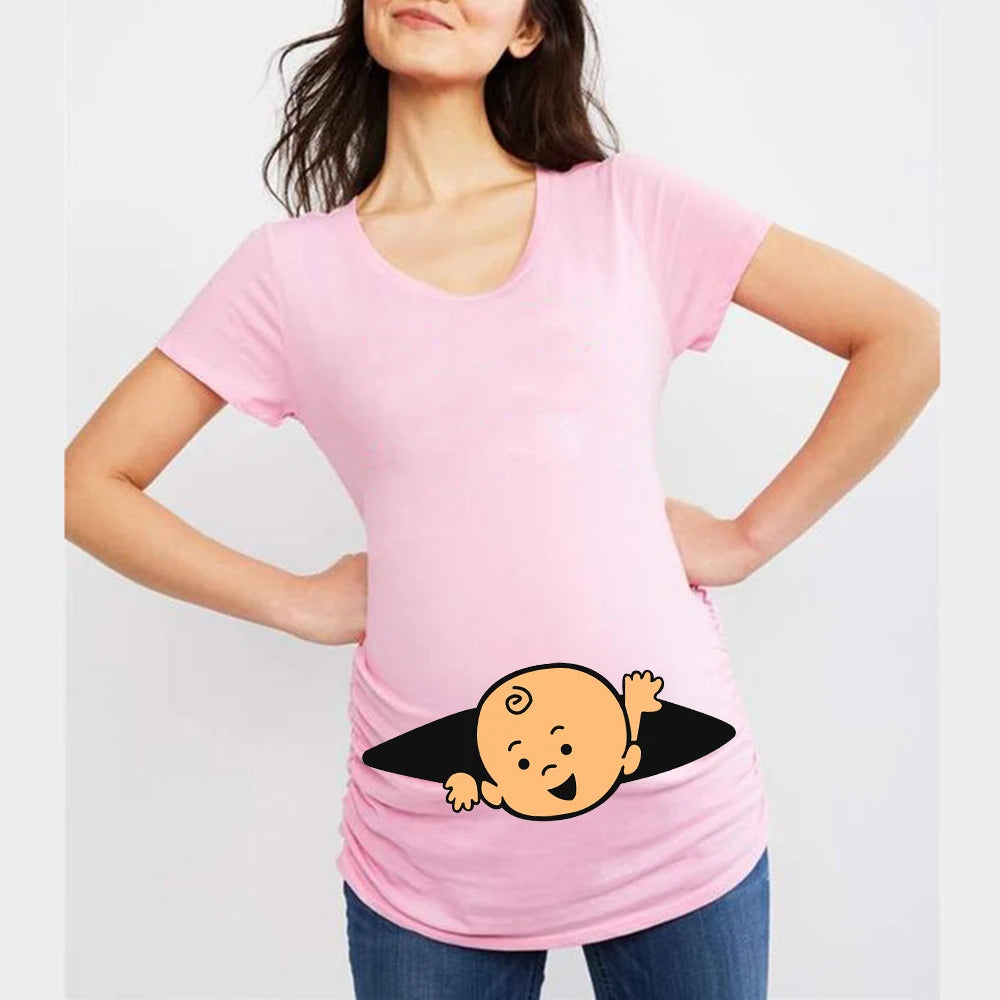 Summer Funny Cartoon Print Maternity T-Shirt | Pink Plus-Size Short Sleeve Tops | Pregnant Women Hot Sale T-Shirts