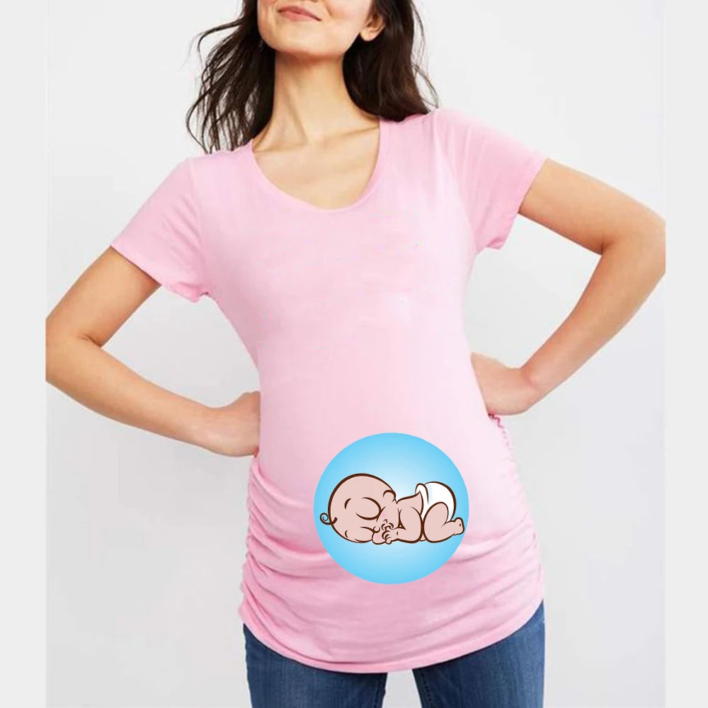 Summer Funny Cartoon Print Maternity T-Shirt | Pink Plus-Size Short Sleeve Tops | Pregnant Women Hot Sale T-Shirts