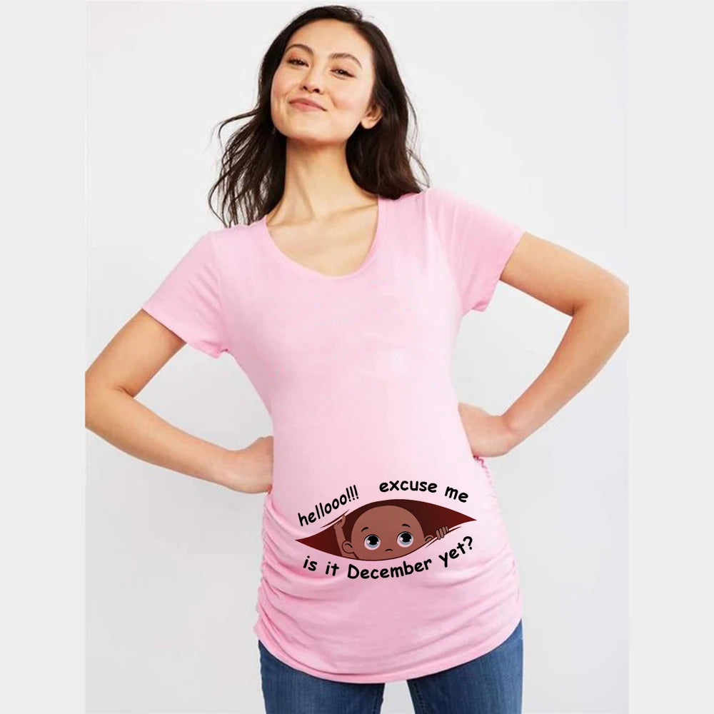 "Excuse Me, Is It January Yet?" 12 Months Summer Maternity Pregnancy T-Shirt | Black Baby Print Women Tee | Pregnant Clothes