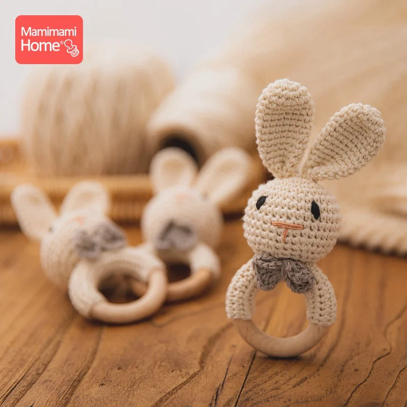 1Pc Baby Teether Wooden Crochet Rattle Toy - BPA-Free Wood Rodent Rabbit Rattle, Baby Mobile Play Gym, Newborn Educational Toy Gift