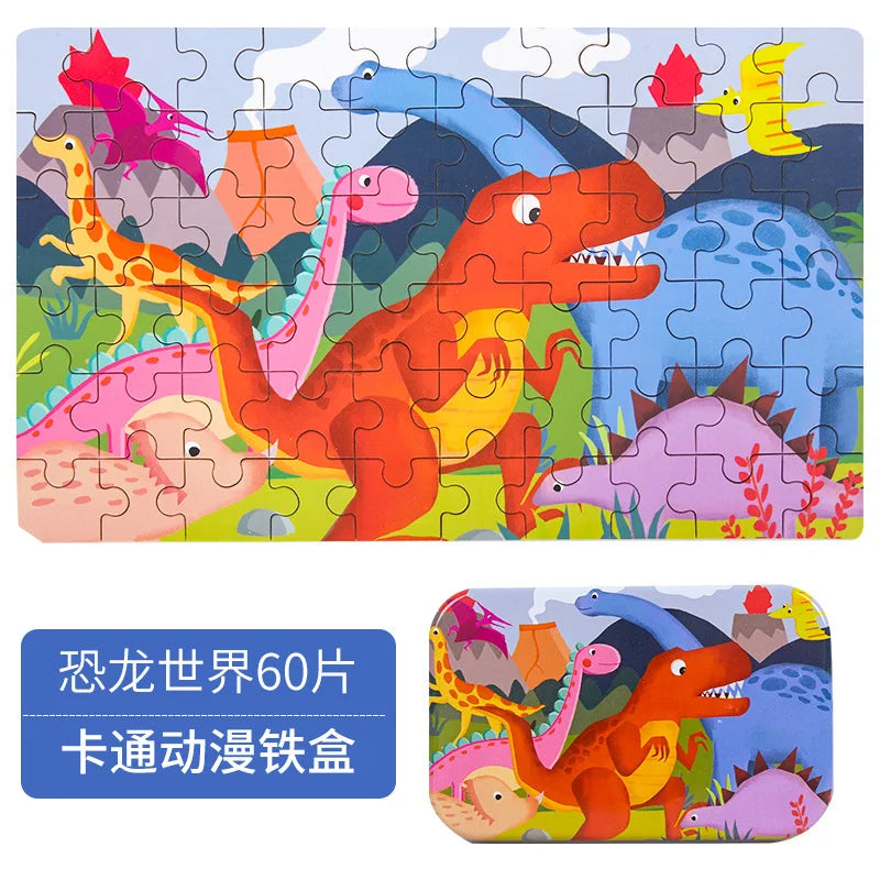 60 Pieces Wooden Jigsaw Puzzle – Cartoon Vehicle and Animal Educational Toy for Kids