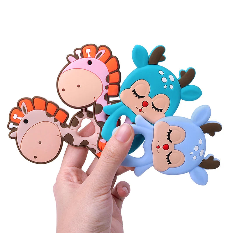 TYRY.HU 1Pc Baby Silicone Teether - BPA-Free Cartoon Frog & Deer Teething Necklace Pendant, Nursing Teeth Gift, Baby Silicone Teether