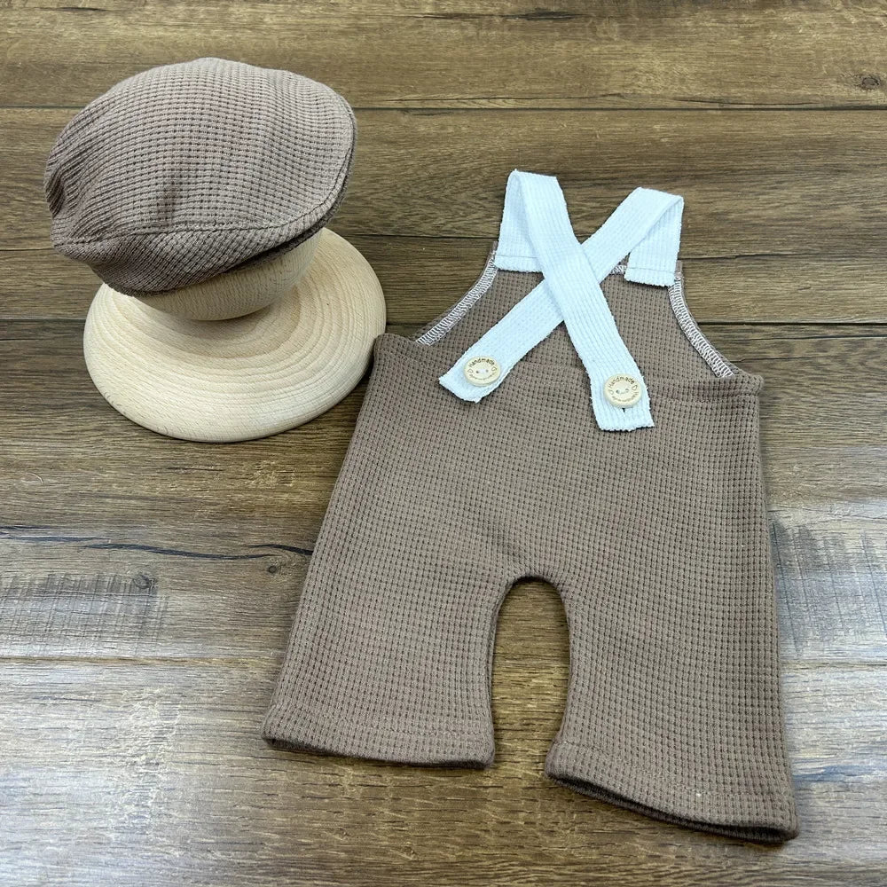 2Pcs Newborn Photography Outfit Set – Cap & Suspenders Studio Photo Props, Baby Hat & Overalls Accessories for Fotografia