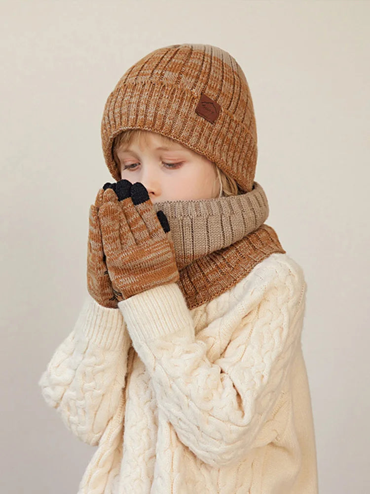 Winter Children’s Hat, Scarf & Gloves Set – Knitted Beanie with Thick Velvet Lining – Warm Neck Warmer & Mittens for Boys & Girls (4-10Y)
