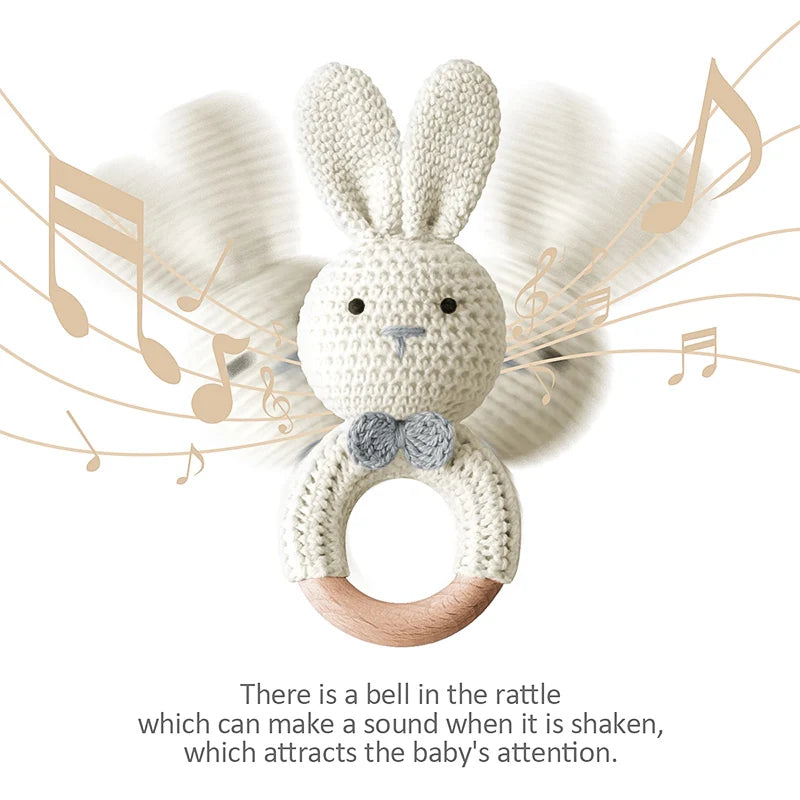 TYRY.HU Baby Small Rabbit Wooden Rattle & Teether - Mobile Pram Crib Ring, DIY Crochet Rattle Soother Bracelet | BPA-Free