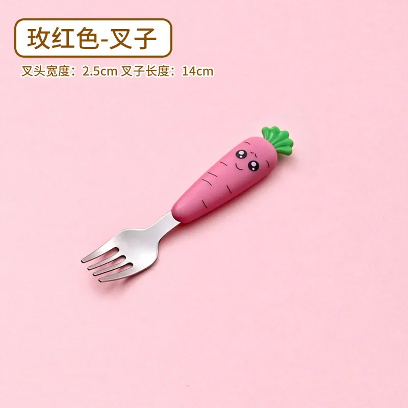 Cartoon Carrot Spoon & Fork Set for Babies - Cute Short Rice Spoon, Children's Tableware, Stainless Steel Feeding Utensils
