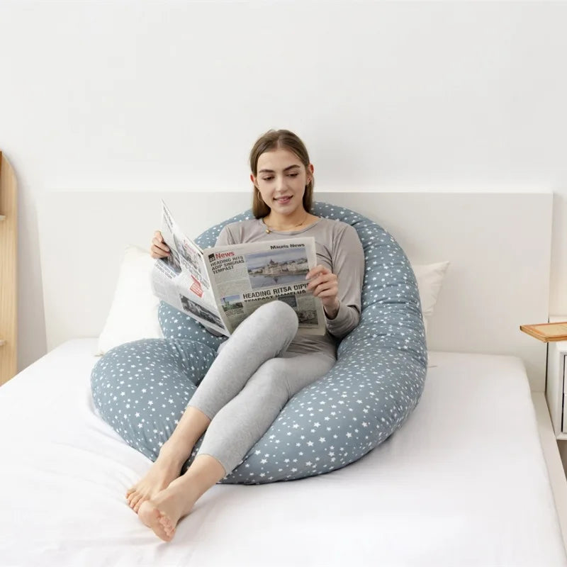 C-Shaped Pregnancy Pillow with Star Pattern – Supportive Belly and Back Pillow for Side Sleeping, Solid Color Maternity Pillow