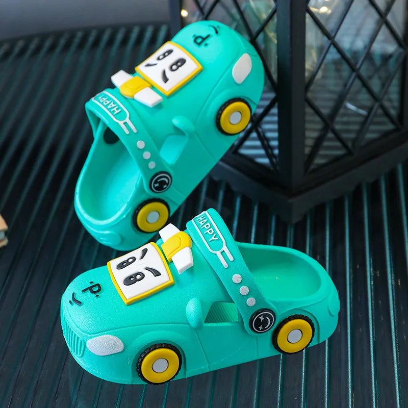 Summer Kids’ Hollow Sandals – Cute Cartoon Car Home Slippers, Breathable Non-Slip Beach Shoes for Boys & Girls