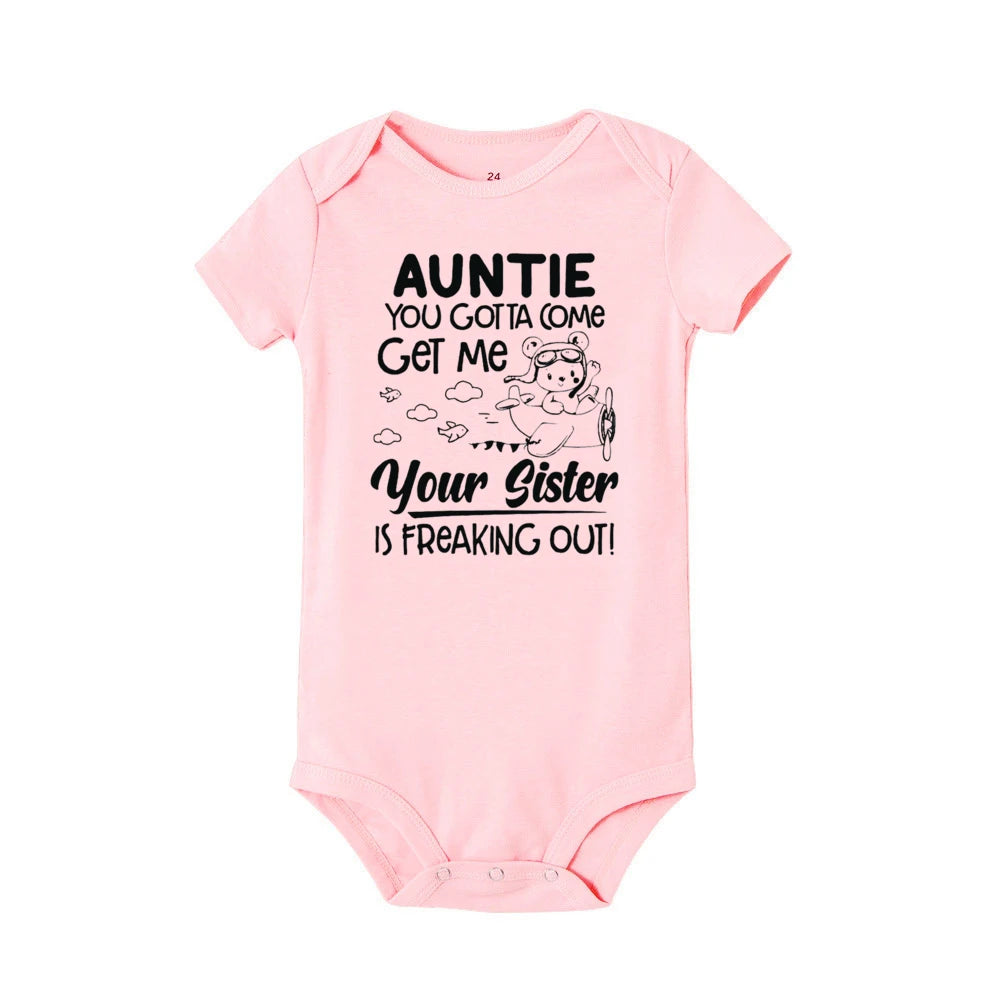 "Auntie, You Gotta Come Get Me" Baby Romper – Funny Letter Print Newborn Bodysuit – Summer Short-Sleeve Infant Clothes (0-1Y)
