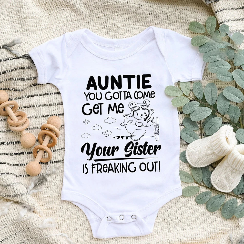 "Auntie, You Gotta Come Get Me" Baby Romper – Funny Letter Print Newborn Bodysuit – Summer Short-Sleeve Infant Clothes (0-1Y)