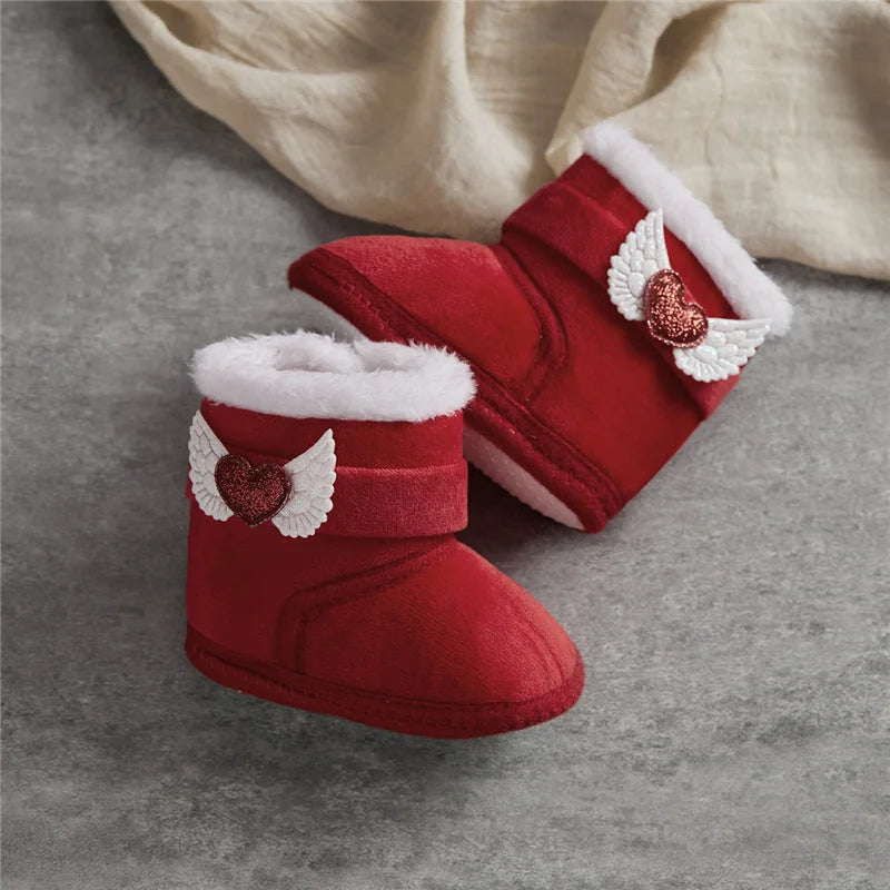 Suefunskry Newborn Baby Winter Snow Boots, Contrast Color Ankle Boots, Warm Plush Heart Wings Baby Walking Shoes for Toddlers (0-18M)