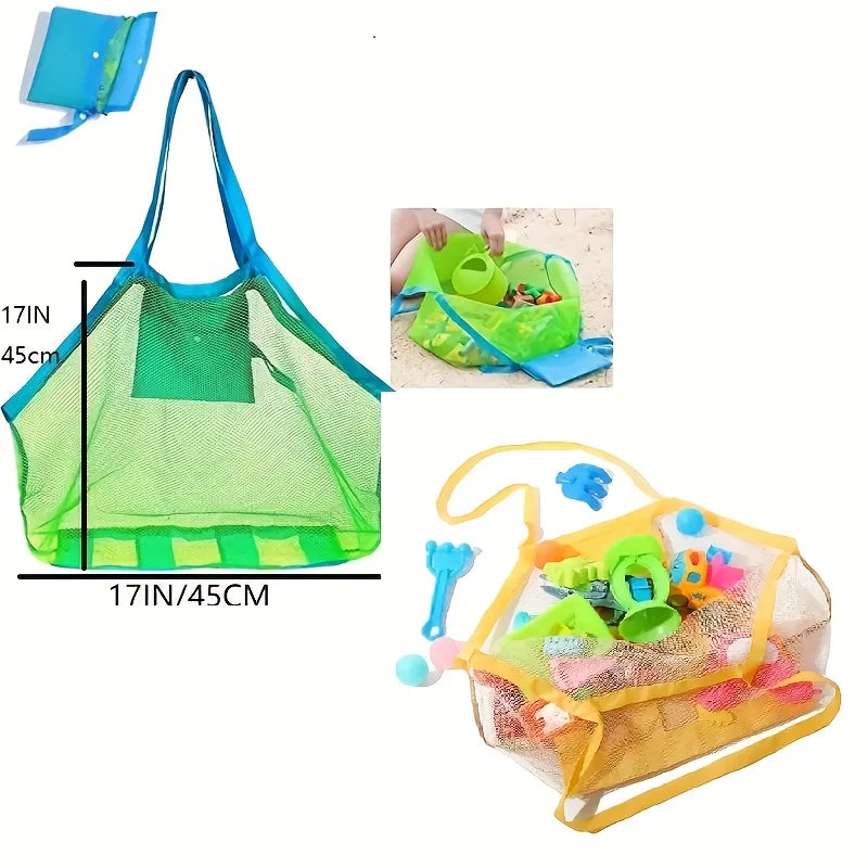 Large Mesh Beach Toy Bag With Blue & Green Side Pockets — Durable Seashell Collecting Tote For Sand Toys & Swimming