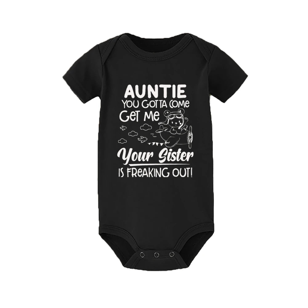 "Auntie, You Gotta Come Get Me" Baby Romper – Funny Letter Print Newborn Bodysuit – Summer Short-Sleeve Infant Clothes (0-1Y)