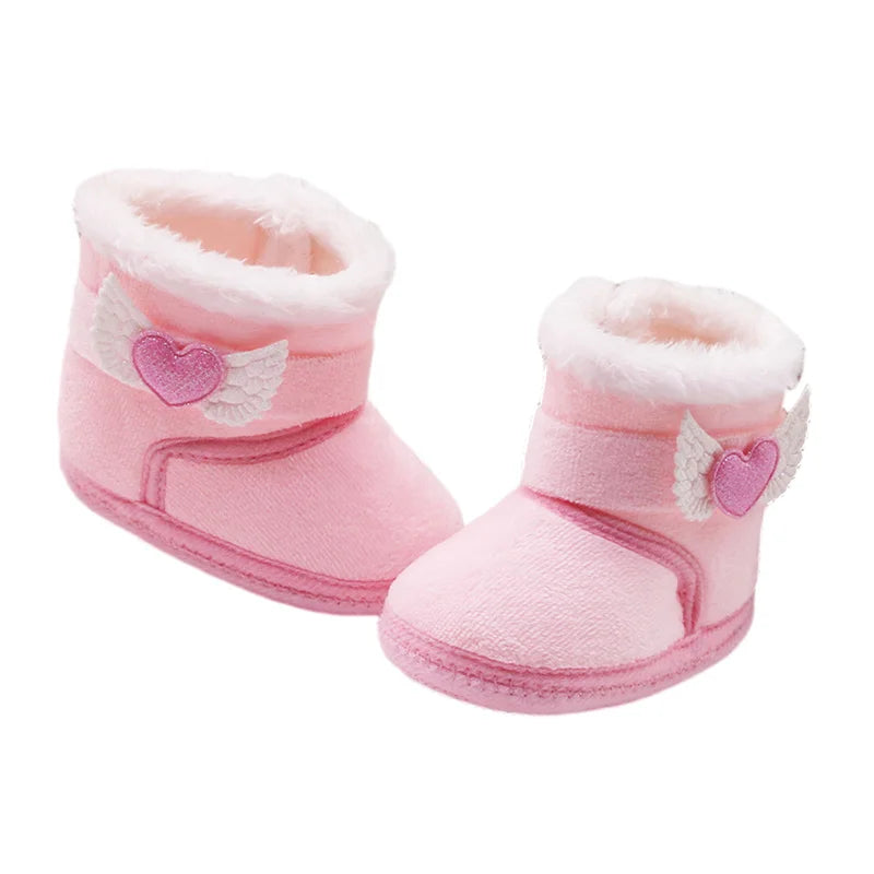 Suefunskry Newborn Baby Winter Snow Boots, Contrast Color Ankle Boots, Warm Plush Heart Wings Baby Walking Shoes for Toddlers (0-18M)