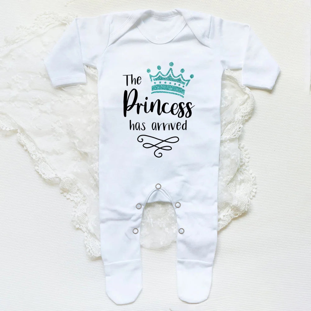 The Princess Has Arrived Print Baby Babygrow Sleepsuit – Newborn Coming Home Vest Bodysuit, Hospital Clothes, Infant Shower Gift