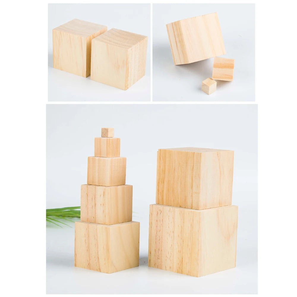 10PCS DIY Building Blocks – Unfinished Natural Wooden Cube, Craft Puzzle Making Material for Kids, Square Block Toy