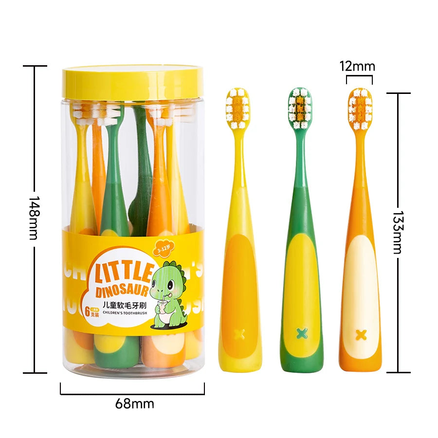 6pcs Kids Manual Toothbrush, Cute Cartoon Dinosaur Design, Soft Bristles for 3-12 Years Old