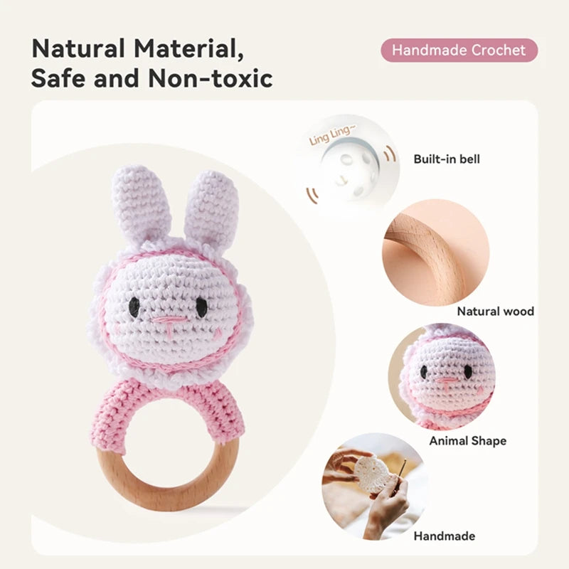 1pc Baby Wooden Teether & Crochet Rattle Toy - BPA-Free Mobile Play Gym, Rodent Rabbit Rattle for Newborns | Educational Baby Gift