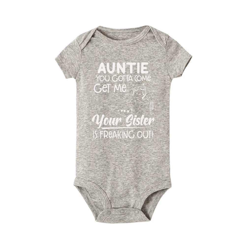 "Auntie, You Gotta Come Get Me" Baby Romper – Funny Letter Print Newborn Bodysuit – Summer Short-Sleeve Infant Clothes (0-1Y)