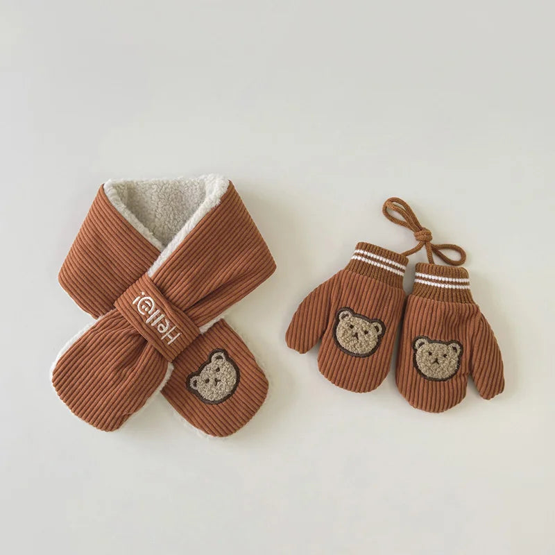 Kids’ Corduroy Winter Scarf & Gloves Set – Thick Velvet Warm Mittens for Boys & Girls