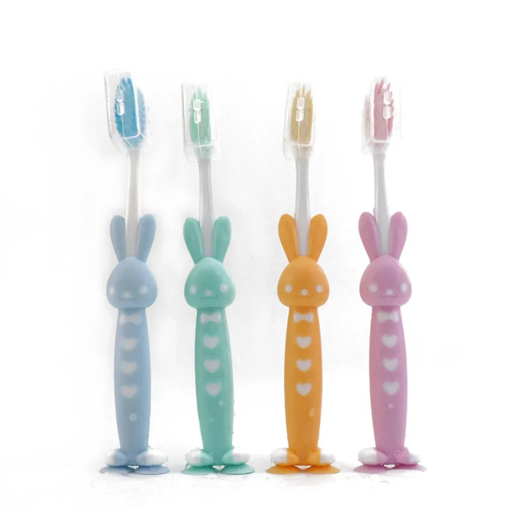 Kids Baby Soft-Bristled Toothbrush - Bamboo Charcoal Short Handle with Cute Rabbit Bear Design, 4Pcs/Set