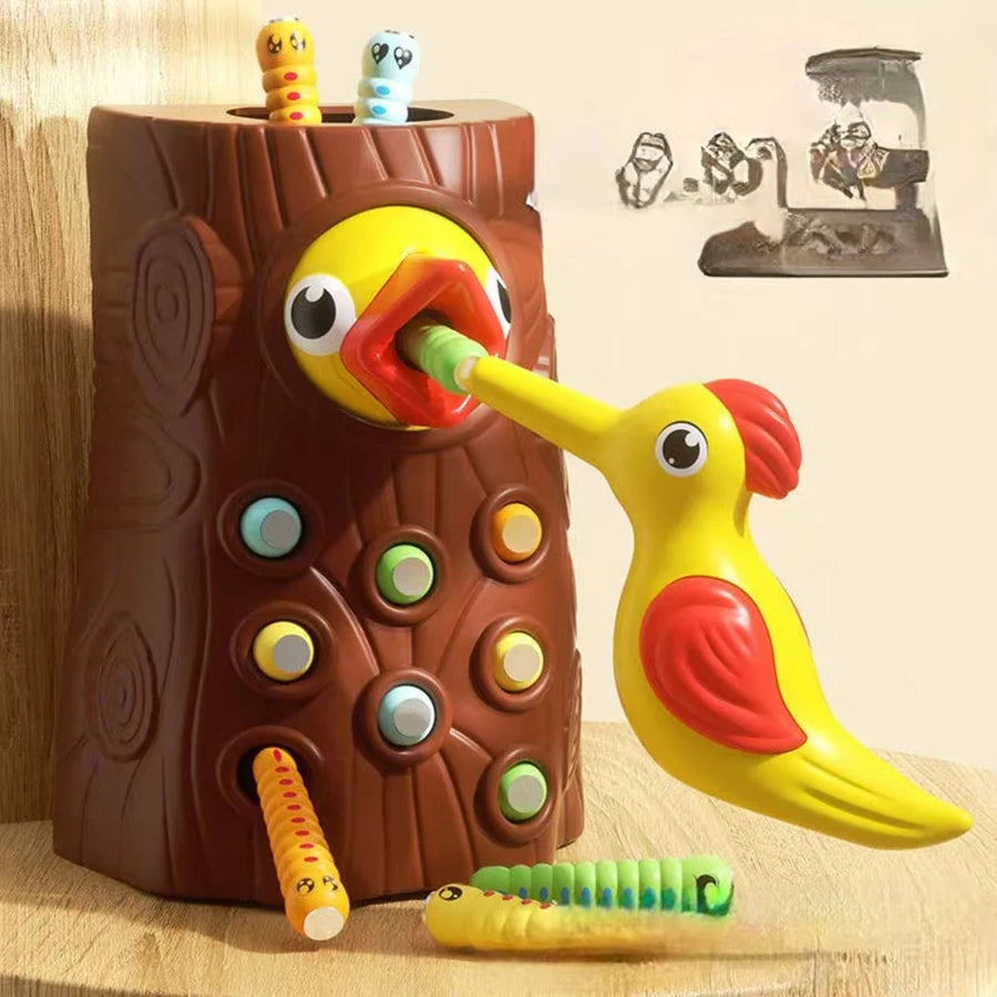 Montessori Educational Toys for Children – Woodpecker Catch Worms Magnetic Game, Toddler Development Busy Board Toy for Kids