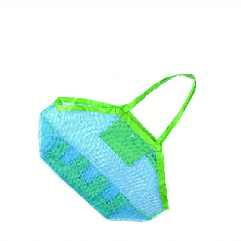 Large Mesh Beach Toy Bag With Blue & Green Side Pockets — Durable Seashell Collecting Tote For Sand Toys & Swimming
