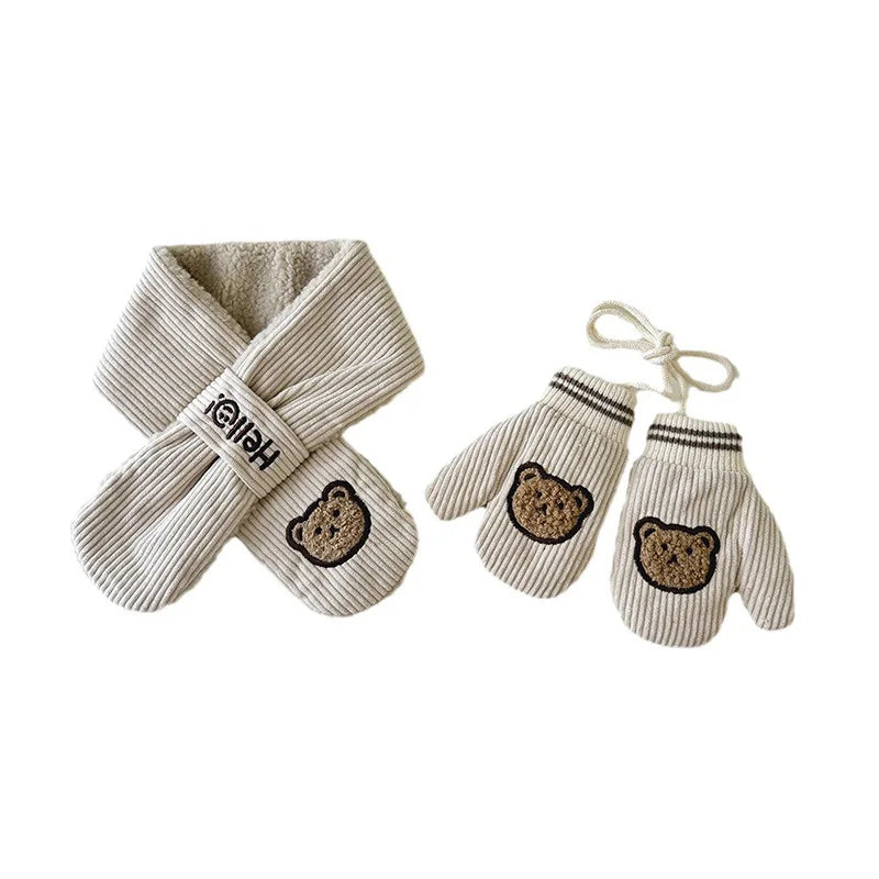 Kids’ Corduroy Winter Scarf & Gloves Set – Thick Velvet Warm Mittens for Boys & Girls