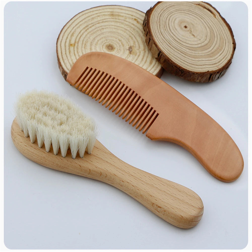 Newborn Baby Hair Bath Brush Comb - Natural Wooden Soft Wool Head Brush - Infant Head Massager - Portable Comb