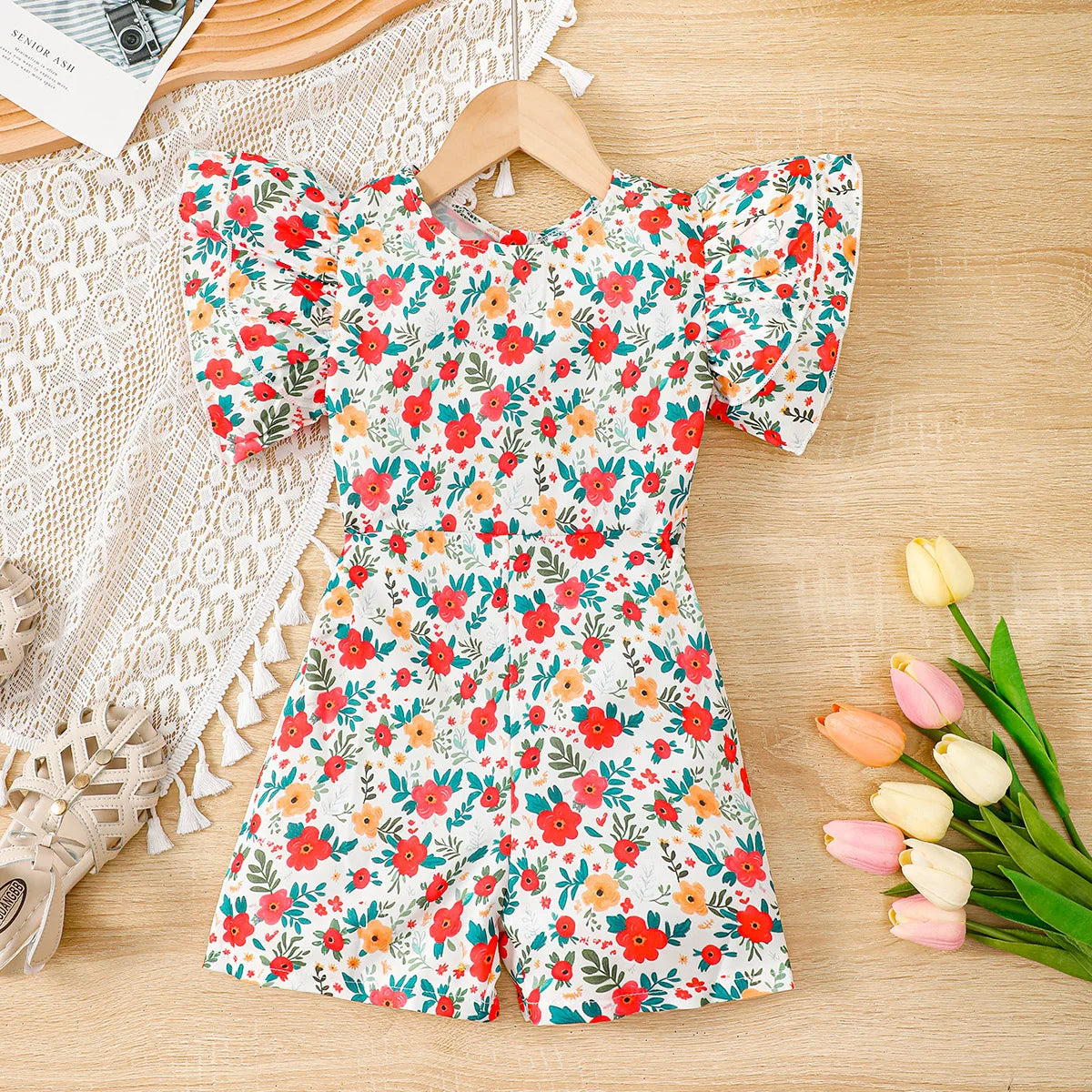 Girls’ Summer Floral Zipper Jumpsuit – Round Neck Romper for 2-6 Year Olds (Fashionable, Lightweight)