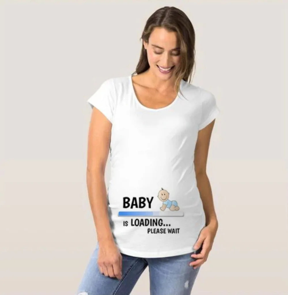 Baby Loading Pls Wait Pregnant Women T-shirt Funny Pregnancy Shirts for Moms Cute Pattern Maternity Shirt Short Sleeve Tops