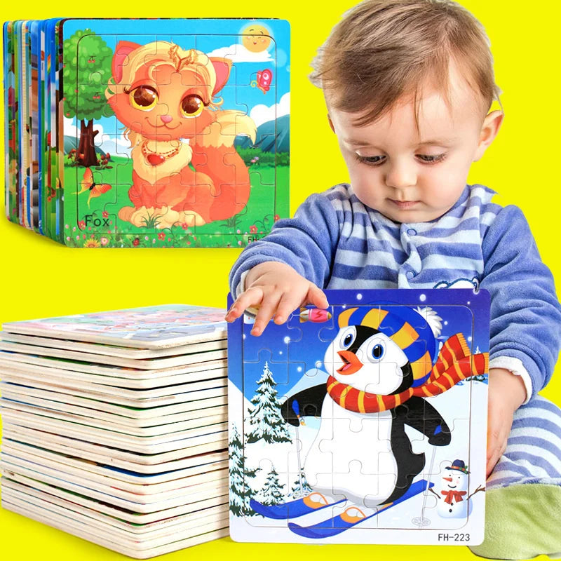 New 20 Piece Wooden 3D Puzzle, Cartoon Animal & Vehicle Jigsaw, Montessori Educational Toy for Kids, Baby 1-3 Years