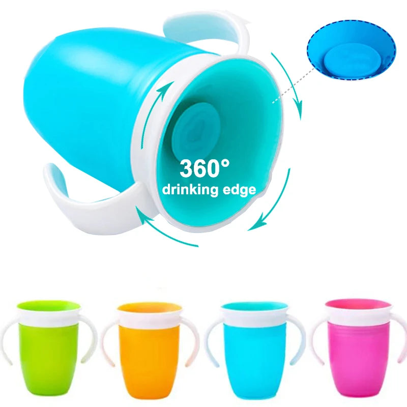 360° Rotatable Baby Learning Drinking Cup with Double Handle, Flip Lid, Leakproof Silicone Infants Water Bottle