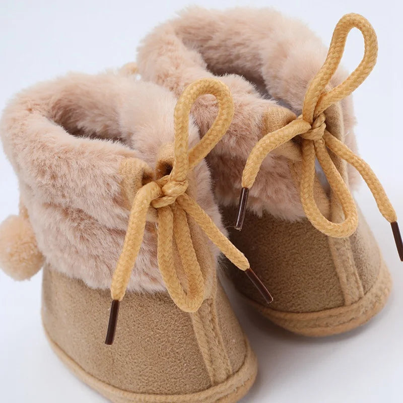 Winter Plus Velvet Snow Booties for Baby, Warm Boots Shoes, Baby Girl Shoes with Pompom, Soft Sole Indoor Walking Shoes